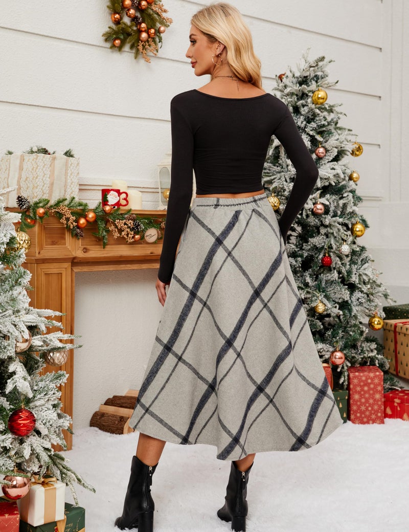 Tanming Women's Winter Warm Elastic Waist Wool Plaid A-Line Pleated Long Skirt (Gray-S) - Image 5